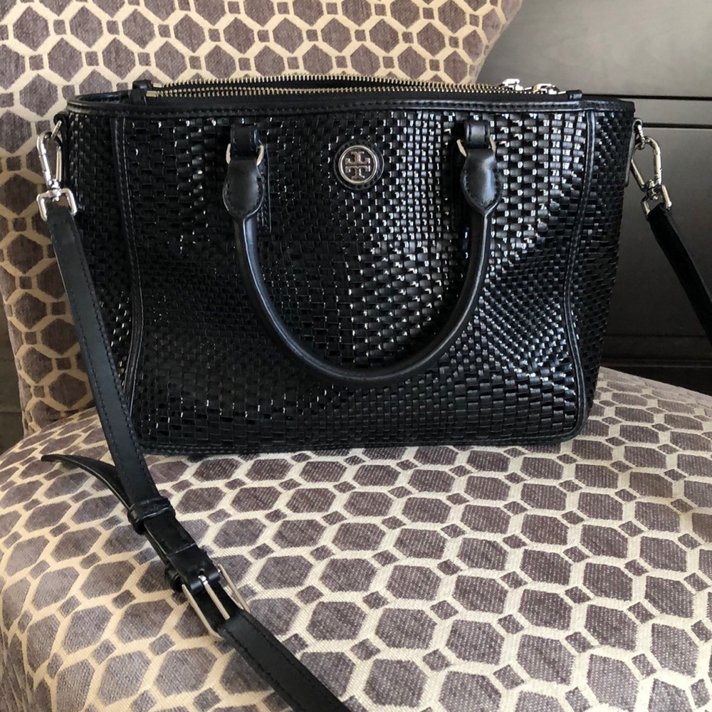 Black Tory Burch Woven Crossbody Satchel